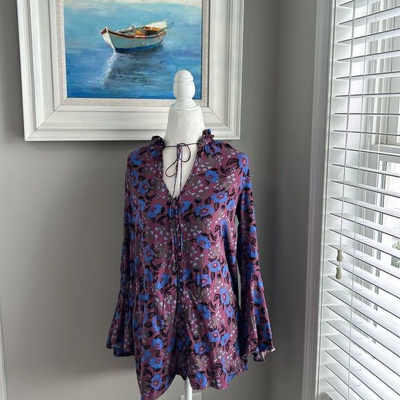 Free People Magic Mystery Tunic Purple Blue Boho Floral Tie Neck Top Blouse S - Picture 3 of 9